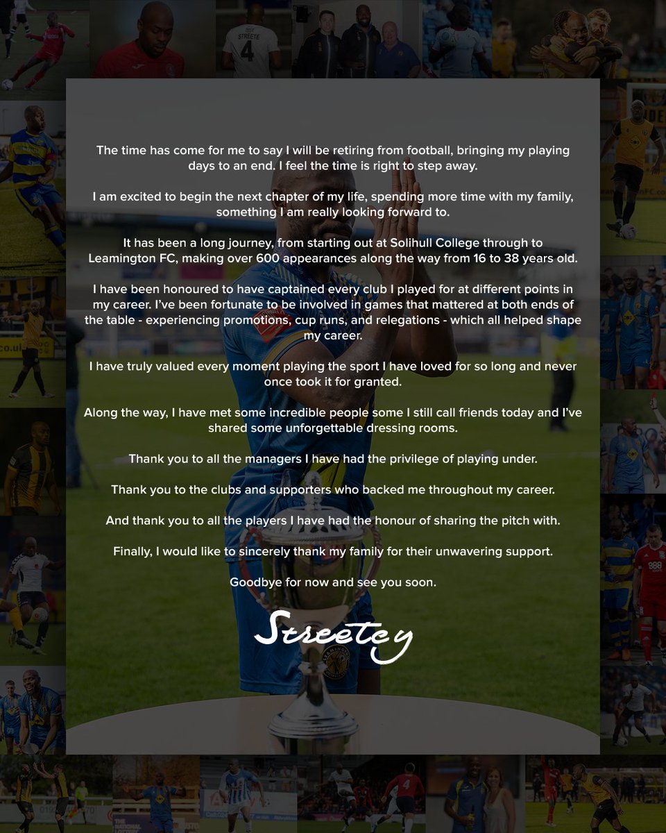 LeamingtonFC's tweet image. 💛 Theo Streete has announced that he will bring his playing days to an end following our Birmingham Senior Cup final in two weeks.

A legend.

➡️ ow.ly/8qIR50YKNMC

#BackingTheBrakes | #BrakesTogether