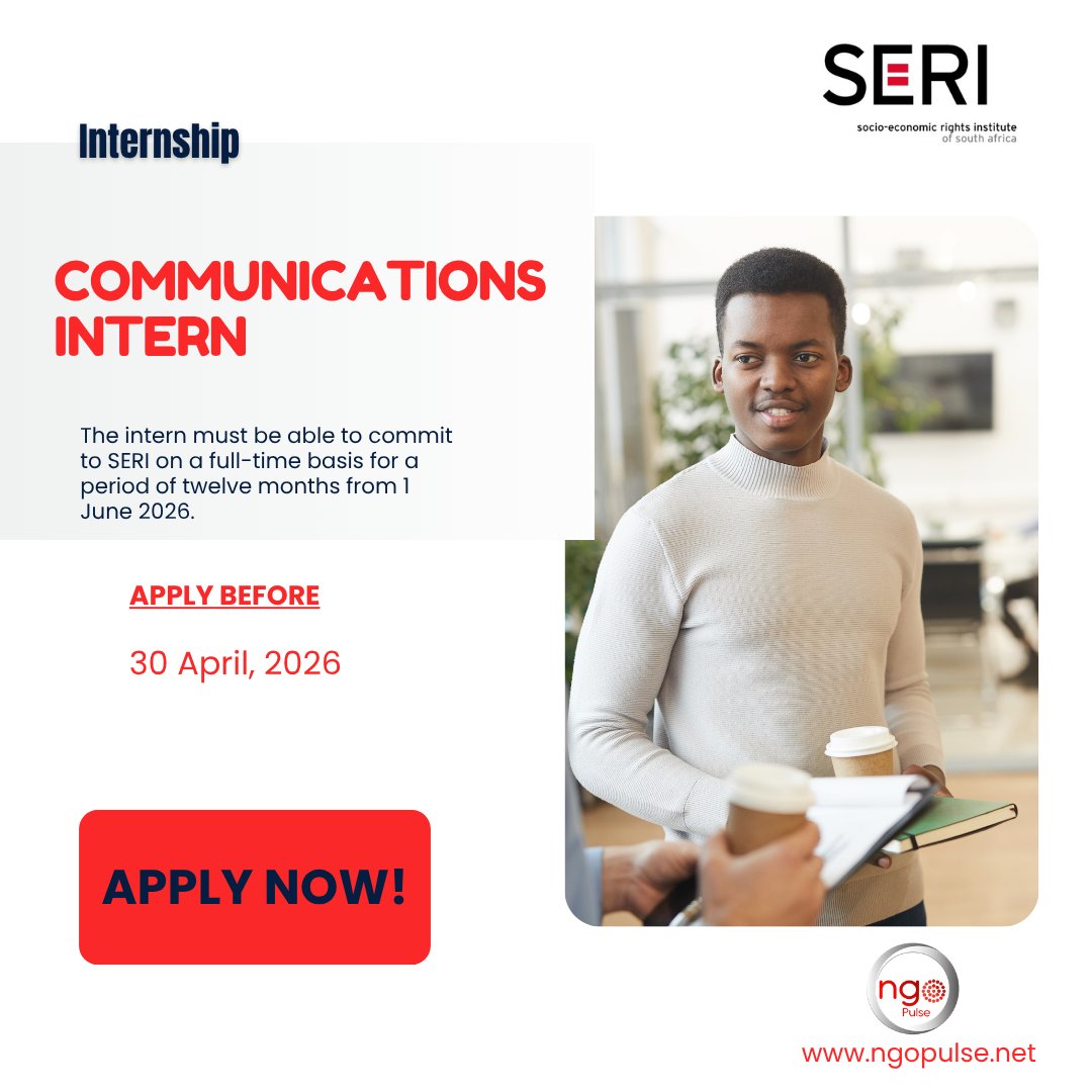 sangonet's tweet image. INTERNSHIP ALERT🚨

COMMUNICATIONS INTERN

COMPANY: SOCIO - ECONOMIC RIGHTS INSTITUTE OF SOUTH AFRICA

LOCATION: South Africa

APPLICATION LINK: ngopulse.net/ads/communicat…

APPLY BEFORE: 30 Apr 2026
#opportunity
Follow Sangonet_ channel on WhatsApp
whatsapp.com/channel/0029Va…