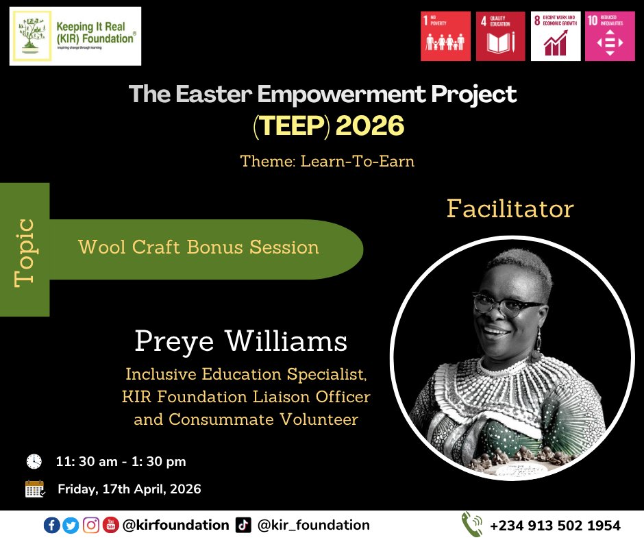 kirfoundation's tweet image. 🌟#TEEP2026 Day 4 | Bonus Session
It's TGIIF Youth Friday!
Today’s session is about creativity, confidence, &amp;amp; practical skills. 
@prewill7 &amp;amp; Tolulope James will guide learners, like Ibitein, to turn wool into key rings &amp;amp; build skills they can use.
#SDG8 #skills #TGIF #create