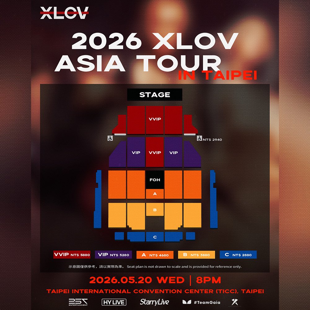 StarryLiveEnt's tweet photo. 2026 XLOV ASIA TOUR IN TAIPEI
 
嘟嘟 ——
本趟列車終點站 —— 台北站。
XLOV 亞洲巡演專屬列車，即將啟程。
座位與福利均已確認～請各位乘客有序入座，準備出發！
 
這場跨越山海的浪漫收尾，是專屬於台北的心動限定。
所有奔赴與等待，都將在這一天，迎來最溫柔的圓滿。
 
520，和 XLOV 一起，
把心動寫進舞台，把回憶留在台北。
亞洲最終站，不見不散。
 
【台北】
📆 2026.05.20 | 8PM | All Ages 
📍 Taipei International Convention Center (TICC)
🎟️ 正式開票：2026.04.23 | 7PM
門票將於 https://t.co/pAgpMkn7HK 開售
 
Choo choo —
Final stop: Taipei Station.
The XLOV Asia Tour special train is about to depart.
All seats and benefits are confirmed, please take your seats and get ready to go!
 
A romantic finale across mountains and seas,
this stop belongs to Taipei, a moment filled with shared excitement.
Every journey and every moment of anticipation will finally come together on this night.
 
This 5.20, join XLOV
Bring every emotion to the stage, and leave the memories in Taipei.
Final stop in Asia. See you there!
 
【Taipei】
📆 2026.05.20 | 8PM | All Ages
📍 Taipei International Convention Center (TICC)
🎟️  General sale: 2026.04.23 | 7PM
Available at https://t.co/pAgpMkn7HK
 
#XLOV #엑스러브 
#XLOVTour2026 #XLOVinAISA 
#257Entertainment #HYLIVE #Starrylive