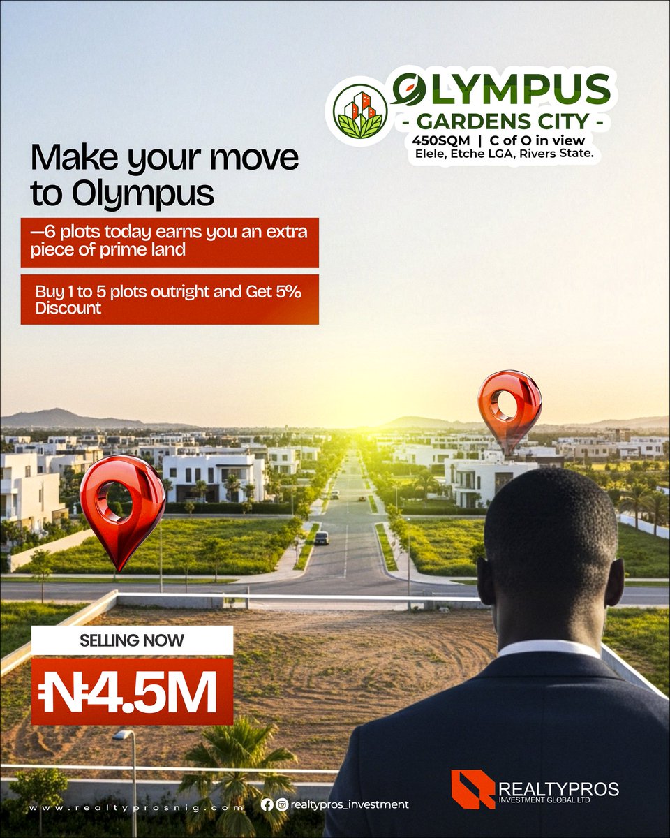RealtyprosL's tweet image. Make your move to Olympus
—6 plots today earns you an extra piece of prime land
Buy 1 to 5 plots outright and Get 5% Discount

SELLING NOW
N4.5M

#realestateinvestments #propertyavailableforsale #smartinvestment #realtyprosigl
