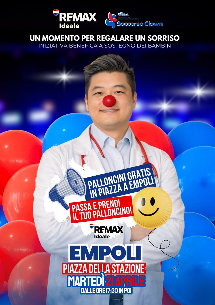wangremax's tweet image. 🎈 EMPOLI, CI SIAMO!

Martedì 21 Aprile, dalle 17:30, saremo in piazza davanti alla Stazione di Empoli per qualcosa di diverso.

Qualcosa di vero.

👉 Regaleremo palloncini RE/MAX
👉 Regaleremo sorrisi
👉 Creeremo connessioni

Insieme ai ragazzi di Soccorso Clown 🤡#persone