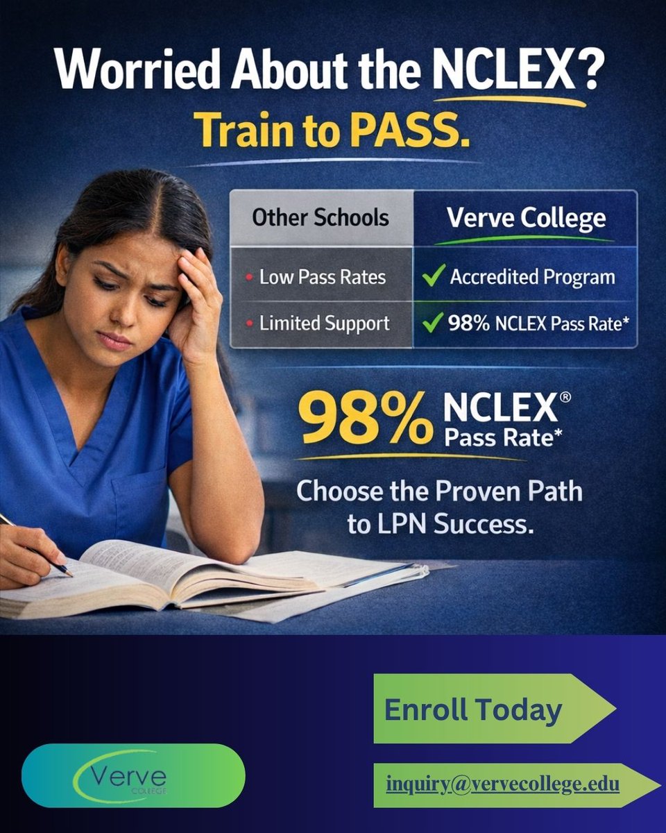 verve_college's tweet image. Worried about the NCLEX? 🤔
Your results depend on where you train.
Choose confidence. Choose outcomes.

🔗 vervecollege.edu
📩 inquiry@vervecollege.edu

#NCLEX #LPN #NursingStudent #HealthcareCareers #VerveCollege