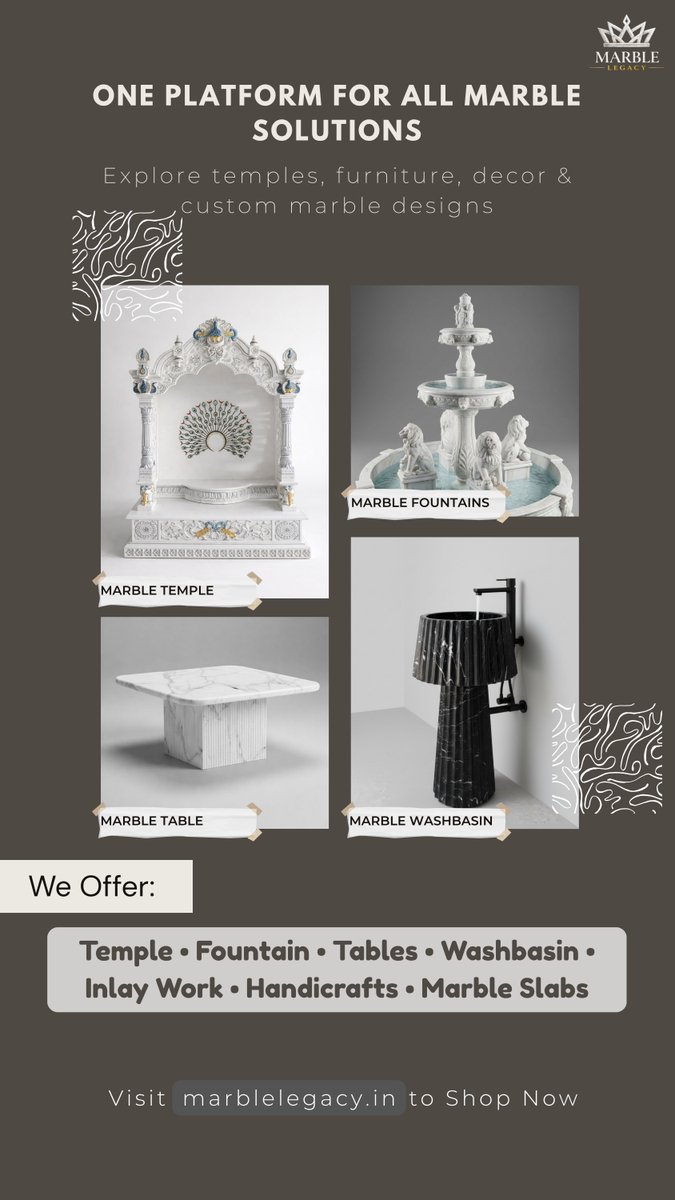 marblelegacy_in's tweet image. Everything in marble, all in one place.
Temples • Fountains • Tables • Washbasins • Custom Designs
Discover timeless beauty today. 

visit : marblelegacy.in

#marble #marbledesign #marbleart #luxuryhomes #interiordesign #homedecor #modernhome #luxurylifestyle