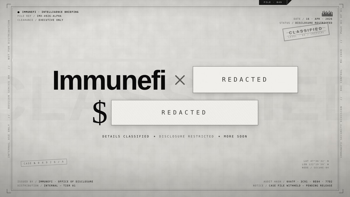 immunefi's tweet photo. Something massive is coming in just a few days. 

We're about to announce an audit competition with one of the most recognized names in the space. The kind of codebase where finding a single critical vuln changes careers.

Sharpen your tools. Clear your calendar.

Details dropping soon.
