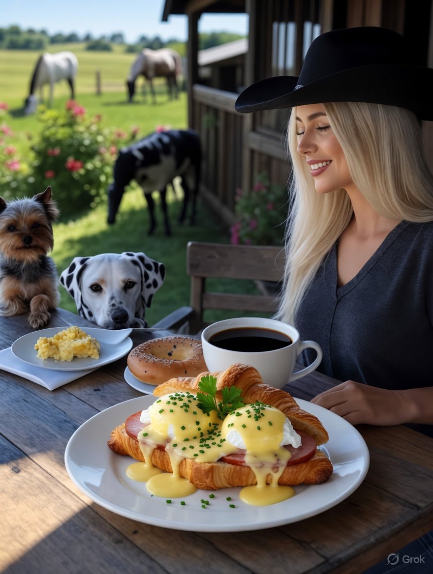 judy08281241's tweet image. Good morning, friends! ☀️
Friday on the ranch never looked this good.🤠🥐☕️
Croissant Eggs Benedict + coffee + happy dogs = perfect start. 🕊️🤍🙏🏼
Who else is team hollandaise today? 😋
#FridayVibes #RanchLife