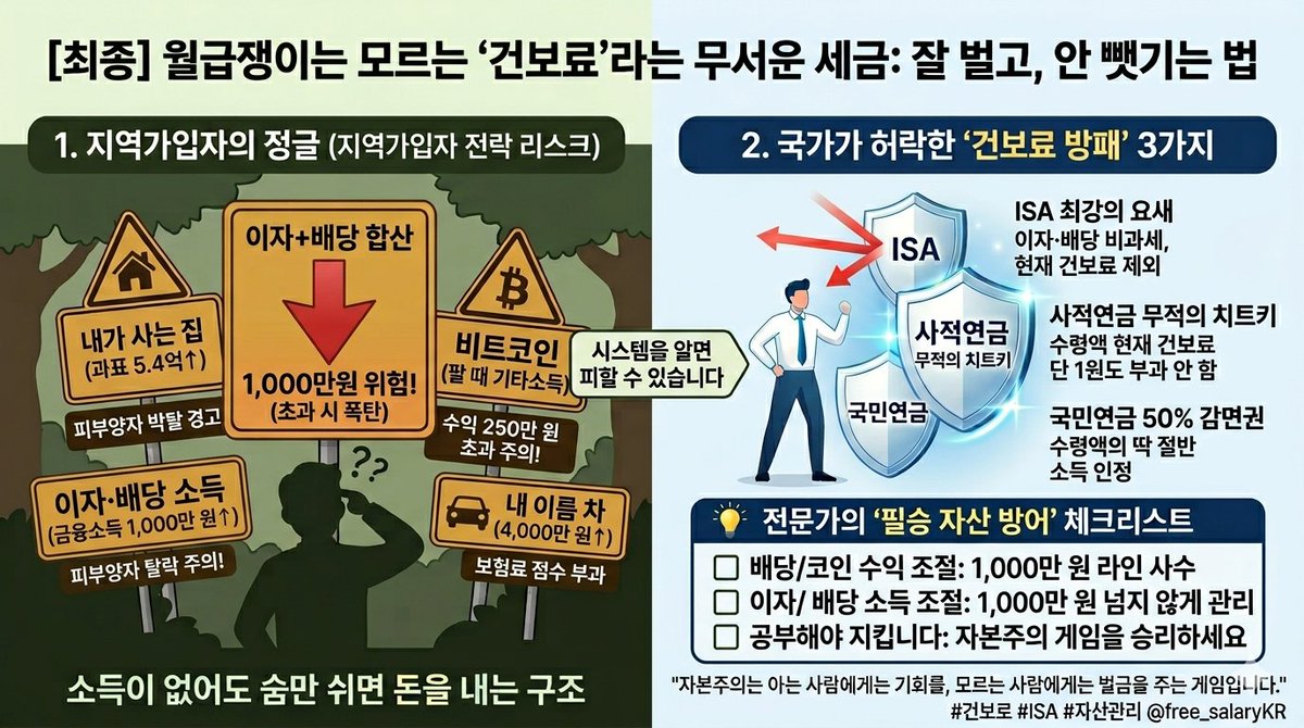 free_salaryKR's tweet photo. [최종] 월급쟁이는 모르는 '건보료'라는 무서운 세금 : 잘 벌고, 안 뺏기는 법

​우리가 직장에 다닐 땐 건보료가 무서운 줄 모릅니다. 회사에서 절반을 내주고 월급에서 알아서 빠져나가니까요. 하지만 '월급 없는 삶(Economic Freedom)'을 시작하는 순간, 건보료는 내 자산을 갉아먹는 무시무시한 괴물로 변합니다.

​버는 것만큼 중요한 '안 뺏기는 시스템' 구축법, 딱 정리해 드립니다.

​1️⃣ 은퇴하면 '지역가입자'라는 정글로 던져집니다

​직장인은 월급에만 건보료를 매기지만, 은퇴자는 다릅니다. 내가 사는 집, 내 이름으로 된 차(4,000만 원↑), 그리고 내가 받는 이자와 배당금 전체에 점수를 매겨 고지서를 보냅니다. 소득이 없어도 숨만 쉬면 돈을 내야 하는 구조죠.

​2️⃣ 당신의 자산을 노리는 '두 가지 숫자'

​250만 원(코인): 내년부터 코인 수익이 '기타소득'으로 잡히면, 연 250만 원만 넘어도 건보료 인상의 불씨가 됩니다. (보유는 괜찮지만, 파는 순간 소득이 됩니다!)

​1,000만 원(이자·배당): 아파트 등 재산(과표 5.4억↑)이 있는 분들은 특히 조심하세요. 연 소득이 딱 1,001만 원이 되는 순간 '피부양자' 자격을 잃고 수백만 원의 건보료 폭탄을 맞을 수 있습니다.

​🛡️ 국가가 허락한 '건보료 방패' 3가지

​공격만큼 중요한 수비, 이 3가지만 기억하면 건보료 폭탄을 피할 수 있습니다.

​✅ ISA(개인종합자산관리계좌): "최강의 요새"

비과세 혜택은 물론, ISA 안에서 발생한 수익은 현재 시스템상 건보료 산정 소득에서 제외됩니다. 배당주 투자는 무조건 일반 계좌가 아닌 ISA에서 하세요.

​✅ 사적연금(연금저축·IRP): "무적의 치트키"

은행이나 증권사를 통해 가입한 사적연금 수령액은 현재 건강보험료를 단 1원도 매기지 않습니다. 노후 생활비의 비중을 이곳으로 미리 옮겨야 하는 이유입니다.

​✅ 국민연금: "50% 감면권"

우리가 나중에 받을 국민연금, 다행히 국가는 수령액의 딱 절반(50%)만 소득으로 인정해 줍니다.

​💡  '필승 자산 방어' 체크리스트

​코인 수익 조절: 1,000만 원 라인을 사수하기 위해 수익 실현 시기를 분산하세요.

이자/배당 소득​ : 현금/주식 자체가 건보료를 올리지는 않습니다. 하지만 거기서 나오는 '이자'/'배당' 합산 소득 1,000만 원을 넘기지 않게 관리하는 것이 기술입니다.

​공부해야 지킵니다: 자본주의는 아는 사람에게는 기회를, 모르는 사람에게는 벌금을 주는 게임입니다.

​여러분의 노후 준비, 혹시 '버는 것'만 생각하고 계시진 않나요?

​#건보료 #재테크 #경제적자유 #ISA #연금저축 #자산관리 @free_salaryKR