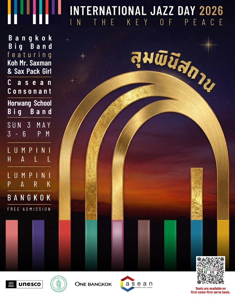 unescobangkok's tweet photo. 🎺 International #JazzDay turns 15, and Bangkok is celebrating in style!

🎶 Join our free jazz concert in Bangkok, ‘In the Key of Peace’.

📍 Lumpini Hall | 🗓️ 3 May 2026 | 🕒 3–6 pm

💺 Free entry | No registration

🎹 More info: https://t.co/6UbSvdV9pL https://t.co/QlNWqPEZHc
