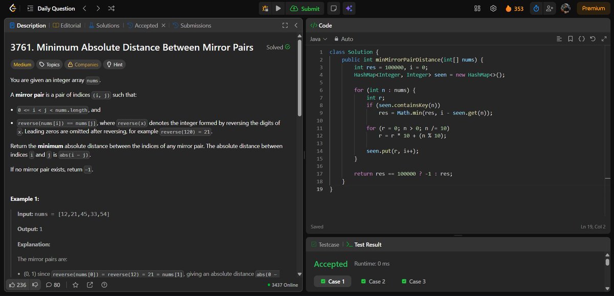 amanhaidry's tweet image. 🗓️Day-268 of #365DaysOfCode 🎯

✅ @geeksforgeeks
#POTD: Anagram Palindrome

✅ @LeetCode
#DCC: Minimum Absolute Distance Between Mirror Pairs

#365DaysOfDSA #geeksforgeeks #gfg #leetcode #365DaysOfcoding #Java #DataStructuresAndAlgorithms #DSA #ProblemSolving #CodingJourney
