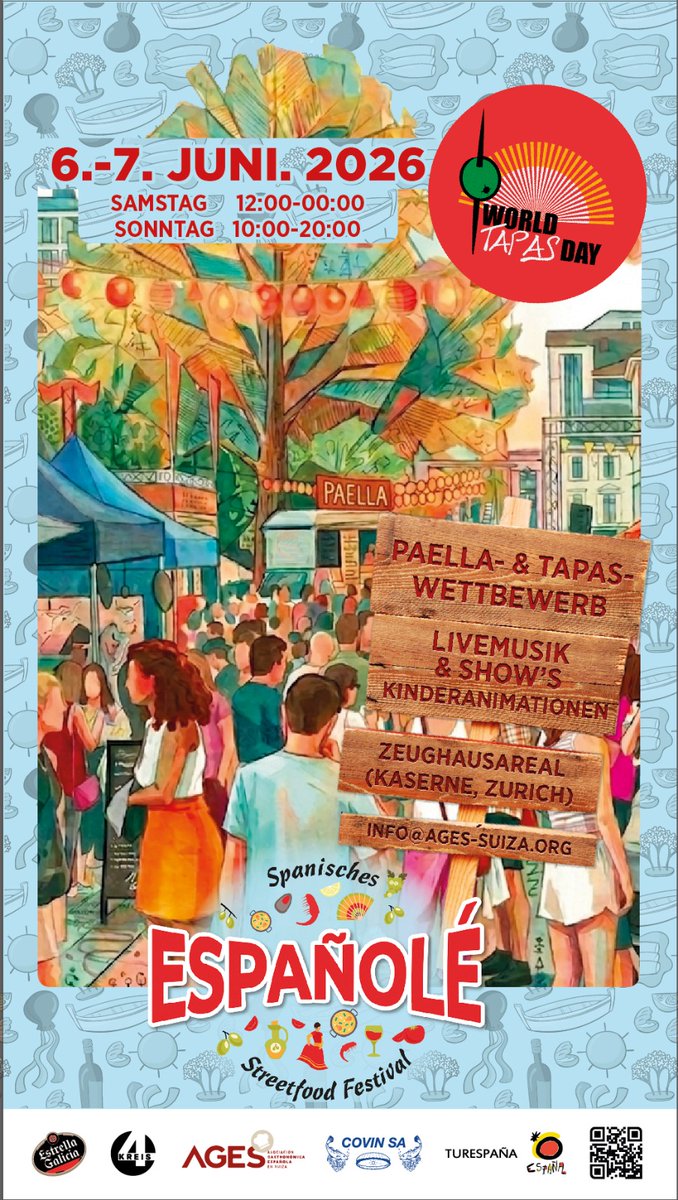 Spain_in_CH's tweet photo. Das #Españolé #StreetfoodFestival kehrt am 6.–7. Juni 2026 nach Zürich zurück 🇪🇸 🥘💃
Freut euch auf spanische Genussmomente rund um den #WorldTapasDay. Zürich ist zudem Austragungsort der Schweizer Qualifikation für den #WorldPaellaDayCup 2026 in Valencia. Mit Unterstützung von #Turespaña Zürich.

https://t.co/Sqp8up3vzD 👈

#VisitSpain #ThinkyouknowSpain #SpainGastronomy #WorldPaellaDay @WorldPaellaDay