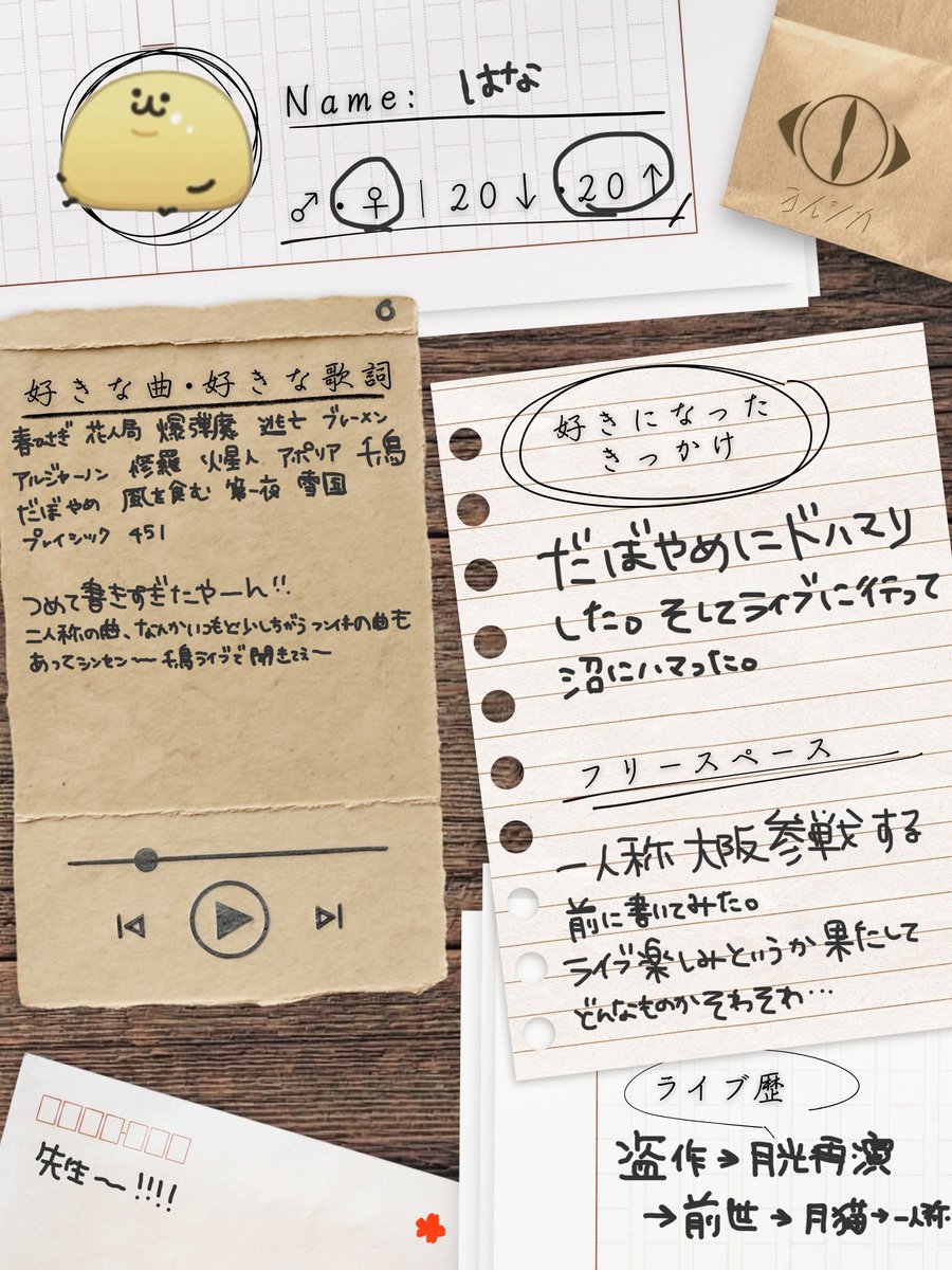 flowerlikesugar's tweet photo. 前も書いてたけど明日大阪行くんで書きました✍
一時的に鍵開けたからアイコンも適当に変えました😂
#ヨルシカ_一人称
#ヨルシカ自己紹介カード 
#ヨルシカ好きな人と繋がりたい https://t.co/Yy6lgIQkU2