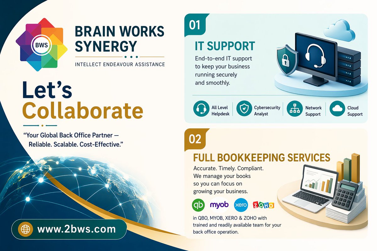 Brain24Works's tweet image. #cpa Connect Brain Works Synergy - “Your Global Back Office Partner -Reliable. Scalable. Cost-Effective.” 2bws.com #usabookkeeping #smallbusinessgrowth #aicommunity #bookkeeping #accounting #centreofexcellence #AI #azure #cloude #server #dubai #usa #uae #quickbooks