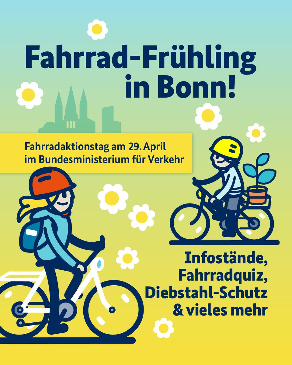 BMV's tweet image. 📢 Lust auf frische Luft &amp;amp; ein fittes #Fahrrad? Dann besuch uns am 29.4. zum #Fahrradaktionstag in #Bonn! 🗓️ Egal, ob du täglich radelst oder dein Fahrrad noch im Winterschlaf ist: Jede &amp;amp; jeder ist willkommen vor unserem Ministerium am Robert-Schuman-Platz 1. #SaveTheDate