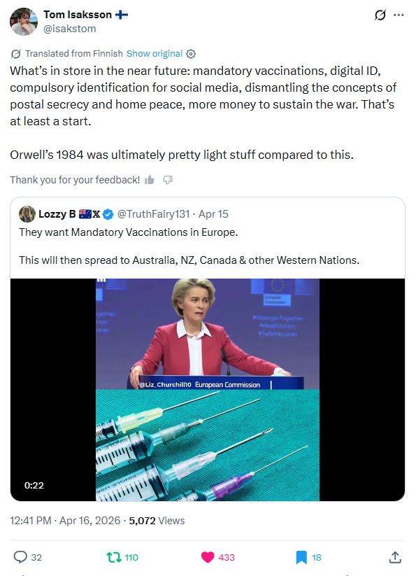 GoogleExpertUK's tweet image. ******PATH URSULA striking again?!!
What’s in store: mandatory vaccinations, compulsory ID for social media, dismantling concepts of postal secrecy &amp;amp; peace, more money to sustain war.
Orwell’s 1984 pretty light stuff compared to this.
@isakstom
x.com/GoogleExpertUK…
#ADA✝️#news