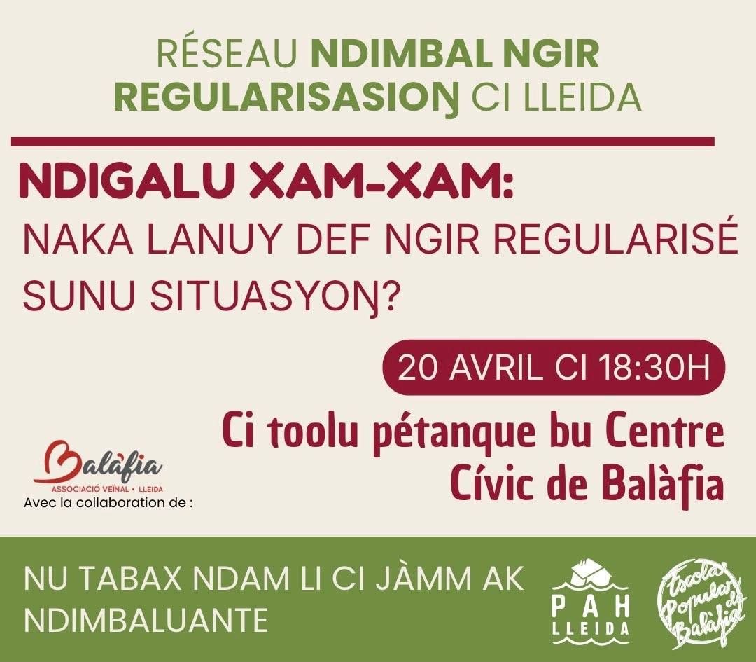 EPBalafia's tweet photo. Engeguem la Xarxa de Suport per la Regularització a Lleida

Perquè cap persona és il·legal .

 Xerrada informativa
🗓️ Dilluns 20 d'abril
🕡 18:30
📍Camp de bitlles del Centre Cívic de Balàfia 
https://t.co/ik908ywTFc https://t.co/XfKHBeFKez