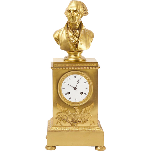 AntiqueDigest's tweet image. Classical ormolu mantel clock with George Washington &amp;amp; an eagle, engraved, “NE QUID DETRIMENTI CAPIAT RES PUBLICA” &amp;amp; “E PLURIBUS UNUM, was made in France for the American market. It sold for $27,720 (e 5000/7000) at New England Auctions maineantiquedigest.com/stories/a-coup… #antiques #clocks