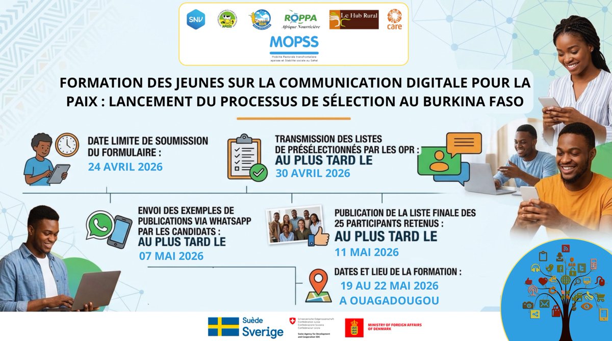 Dans le cadre du programme MOPSS, une formation dédiée à la communication digitale et à l’utilisation responsable des réseaux sociaux pour la paix se tiendra à Niamey, au Niger, du 21 au 24 avril 2026 au profit des jeunes  : shorturl.at/wBy7v