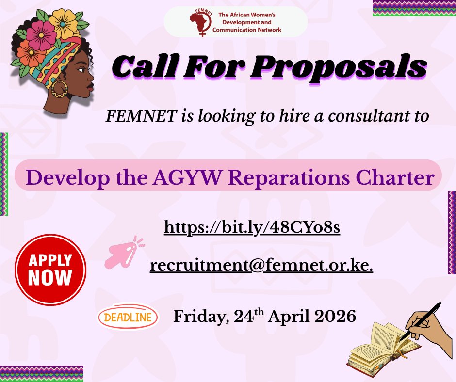 📢 𝐂𝐚𝐥𝐥 𝐟𝐨𝐫 𝐏𝐫𝐨𝐩𝐨𝐬𝐚𝐥𝐬!

𝐖𝐞 𝐚𝐫𝐞 𝐡𝐢𝐫𝐢𝐧𝐠 𝐚 𝐜𝐨𝐧𝐬𝐮𝐥𝐭𝐚𝐧𝐭 𝐭𝐨 𝐝𝐞𝐯𝐞𝐥𝐨𝐩 𝐭𝐡𝐞 𝐀𝐟𝐫𝐢𝐜𝐚𝐧 𝐆𝐢𝐫𝐥𝐬 𝐚𝐧𝐝 𝐘𝐨𝐮𝐧𝐠 𝐖𝐨𝐦𝐞𝐧 (𝐀𝐆𝐘𝐖) 𝐑𝐞𝐩𝐚𝐫𝐚𝐭𝐢𝐨𝐧𝐬 𝐂𝐡𝐚𝐫𝐭𝐞𝐫🌍📖

𝐖𝐞 𝐧𝐞𝐞𝐝 𝐚𝐧 𝐞𝐱𝐩𝐞𝐫𝐭 𝐢𝐧 𝐟𝐞𝐦𝐢𝐧𝐢𝐬𝐭