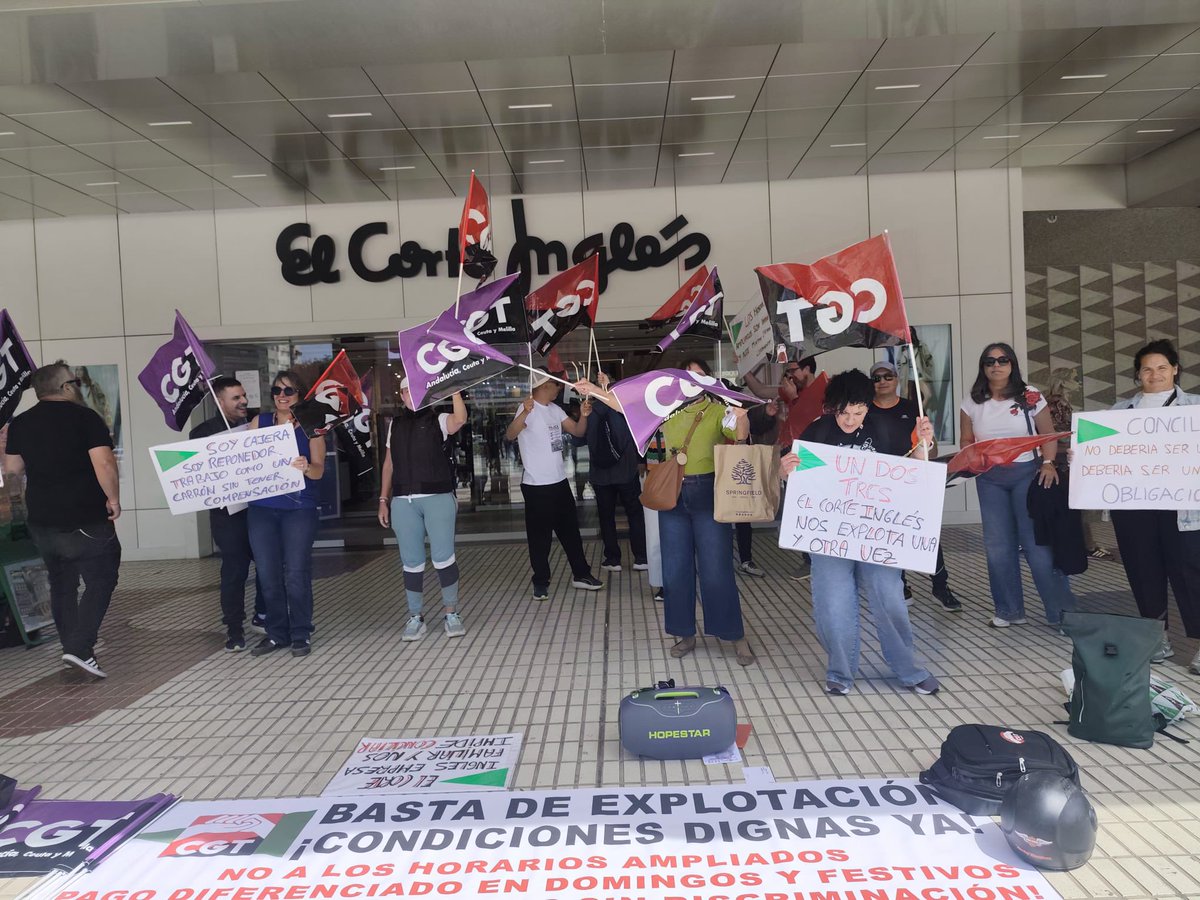 CgtCorteIngles's tweet image. 📢 Aquí en #Málaga también se lucha. ¡Basta de explotación en ECI! Estamos cansadxs de horarios ampliados, de pasar los domingos gratis en la tiendas, de trato abusivo, de horarios incompatibles con la vida. ¡CGT No vamos a parar! 🪧✊🏽❤️🖤