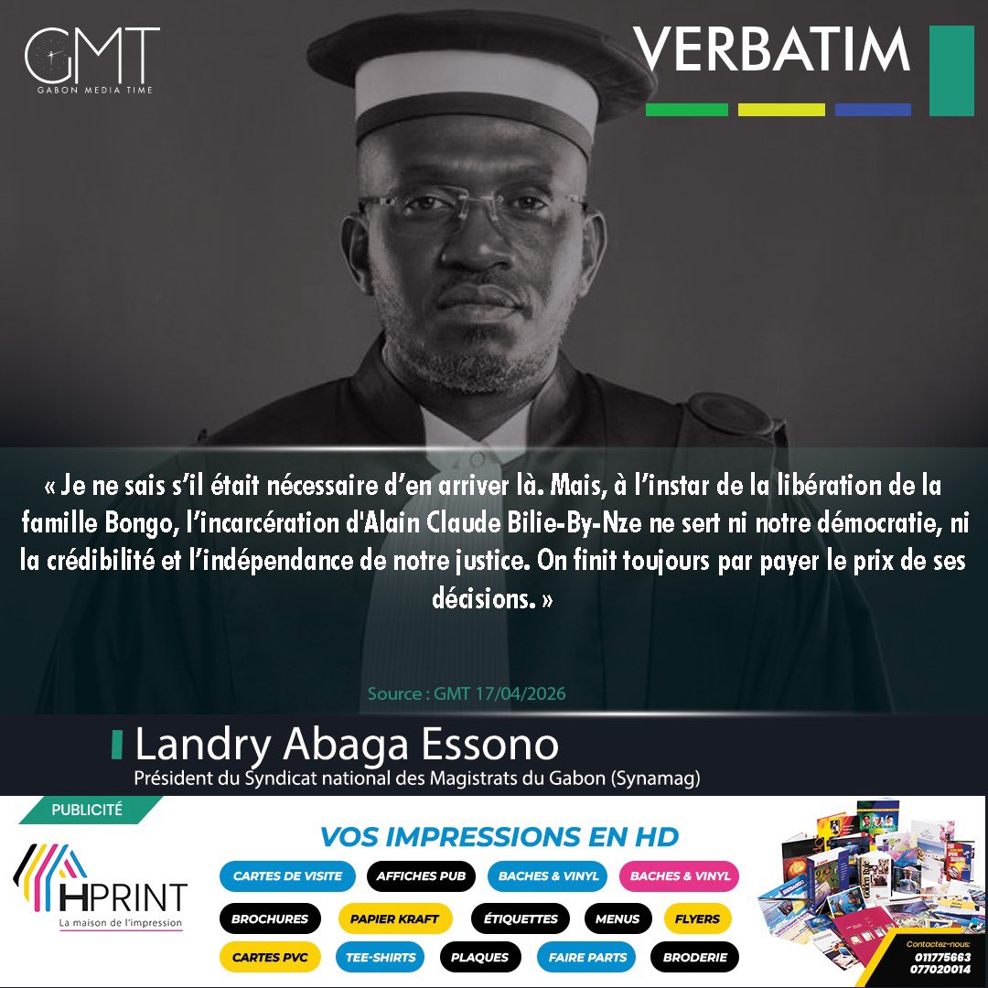 [#Verbatim] Landry Abaga Essono  : « A l’instar de la libération de la famille Bongo, l’incarcération d'Alain Claude Bilie-By-Nze ne sert ni notre démocratie, ni la crédibilité et l’indépendance de notre justice. »

𝐂𝐨𝐧𝐭𝐚𝐜𝐭𝐞𝐳 𝐥𝐚 𝐫𝐞́𝐝𝐚𝐜𝐭𝐢𝐨𝐧 

#GMT
#Gabon