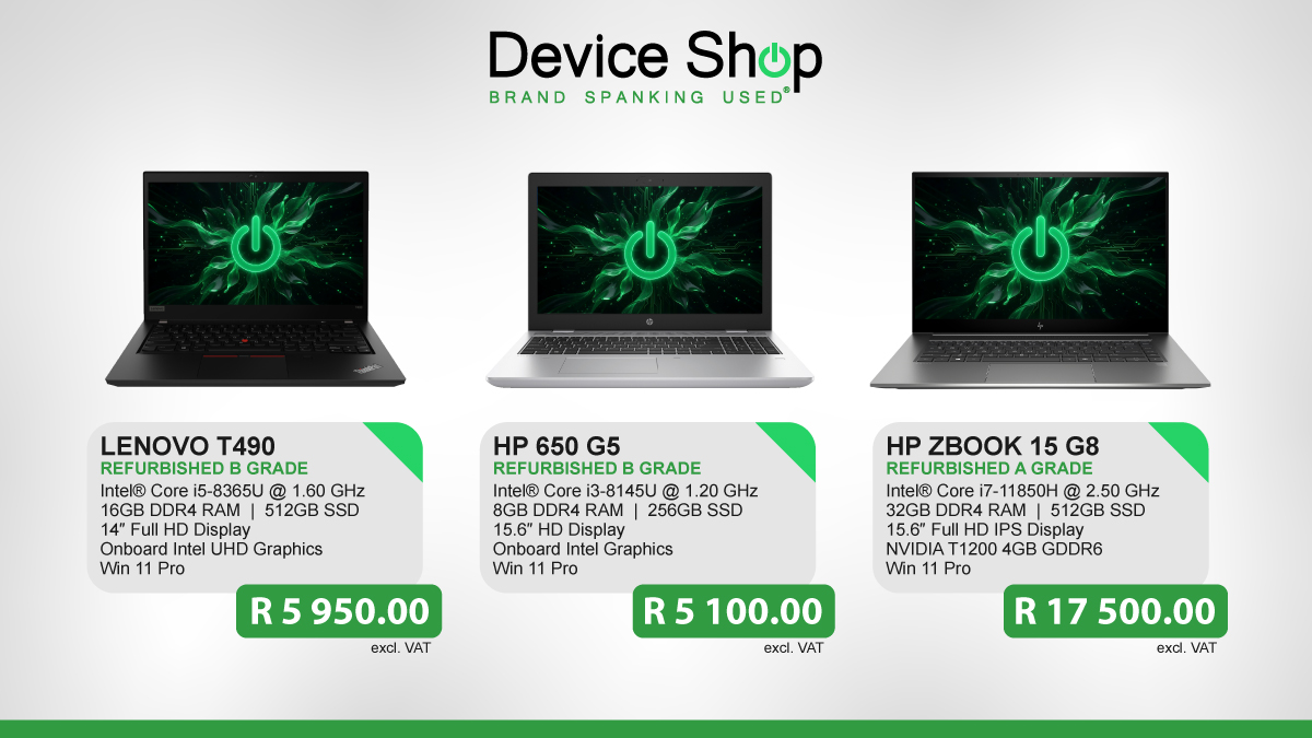 DeviceShopSA's tweet image. Our Brand Spanking Used machines are ready to perform &amp;amp; priced for real budgets. In a market that never stands still,we deliver consistency &amp;amp; quality. T&amp;amp;Cs apply.deviceshop.co.za
0100014204/sales@deviceshop.co.za 
#DeviceShop #BrandSpankingUsed #AffordableTech #TechUpgrade