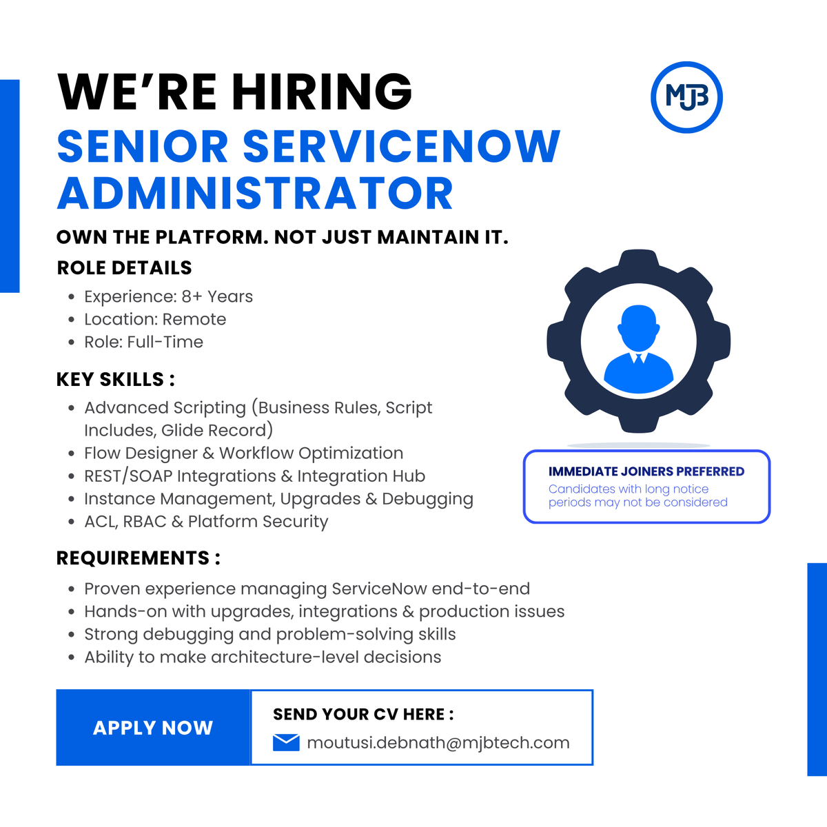 mjbtechnology's tweet image. We’re hiring a Senior ServiceNow Administrator (8+ yrs) 🚀

✔ Scripting
✔ Integrations
✔ Upgrades &amp;amp; Debugging
⚠️ Immediate joiners preferred
📍 Remote
Apply: moutusi.debnath@mjbtech.com

#ServiceNow #Hiring #ITJobs #TechCareers