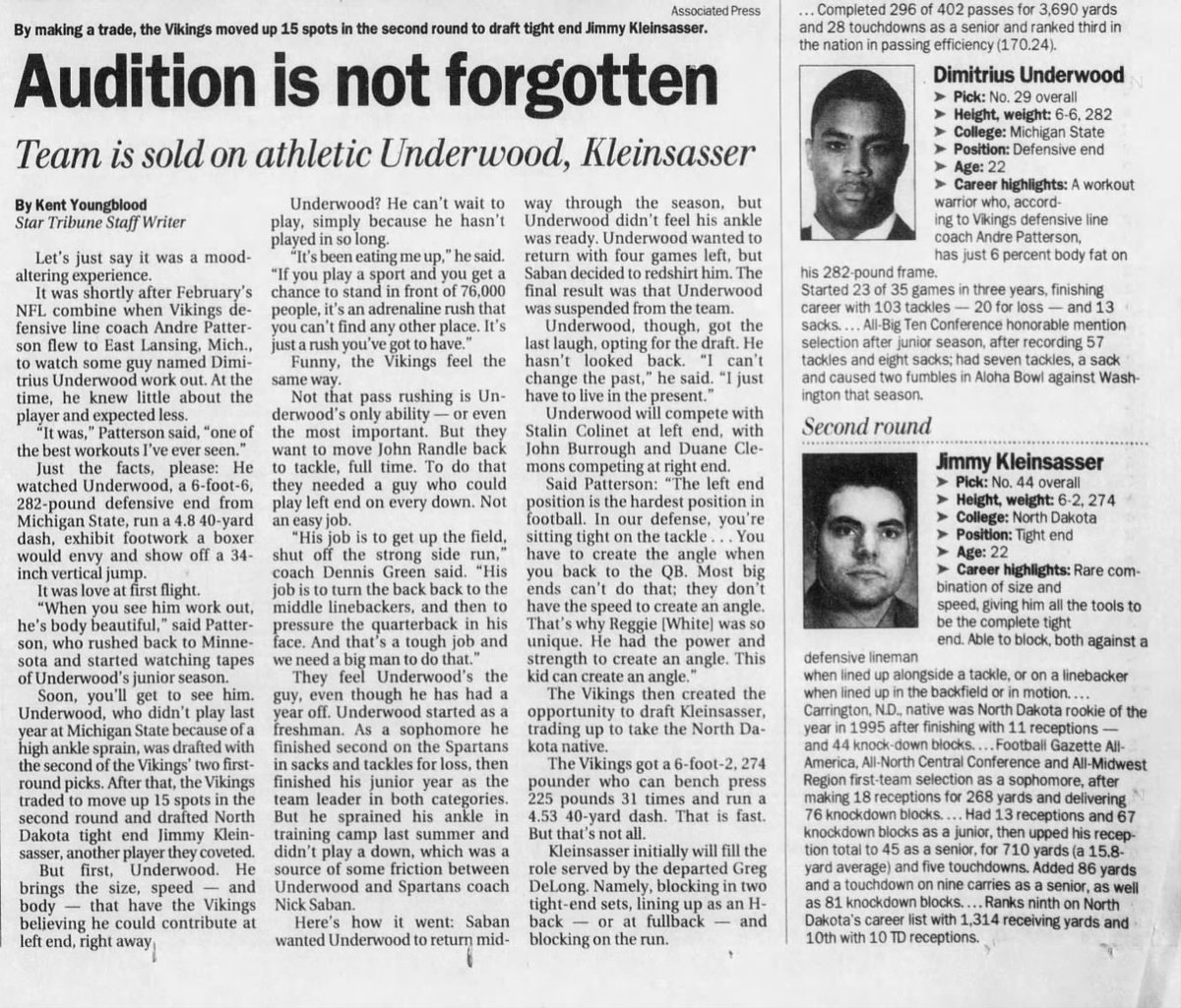 WHENESOTA's tweet image. #OTD in #Minnesota Sports History (1999) The #Vikings draft Dimitrius Underwood at #29 overall. They were warned by Michigan State coaches that Underwood wasn’t ready for the pressures of the #NFL but drafted him anyway. #NFLDraft #Skol newspapers.com/clip/75923136/