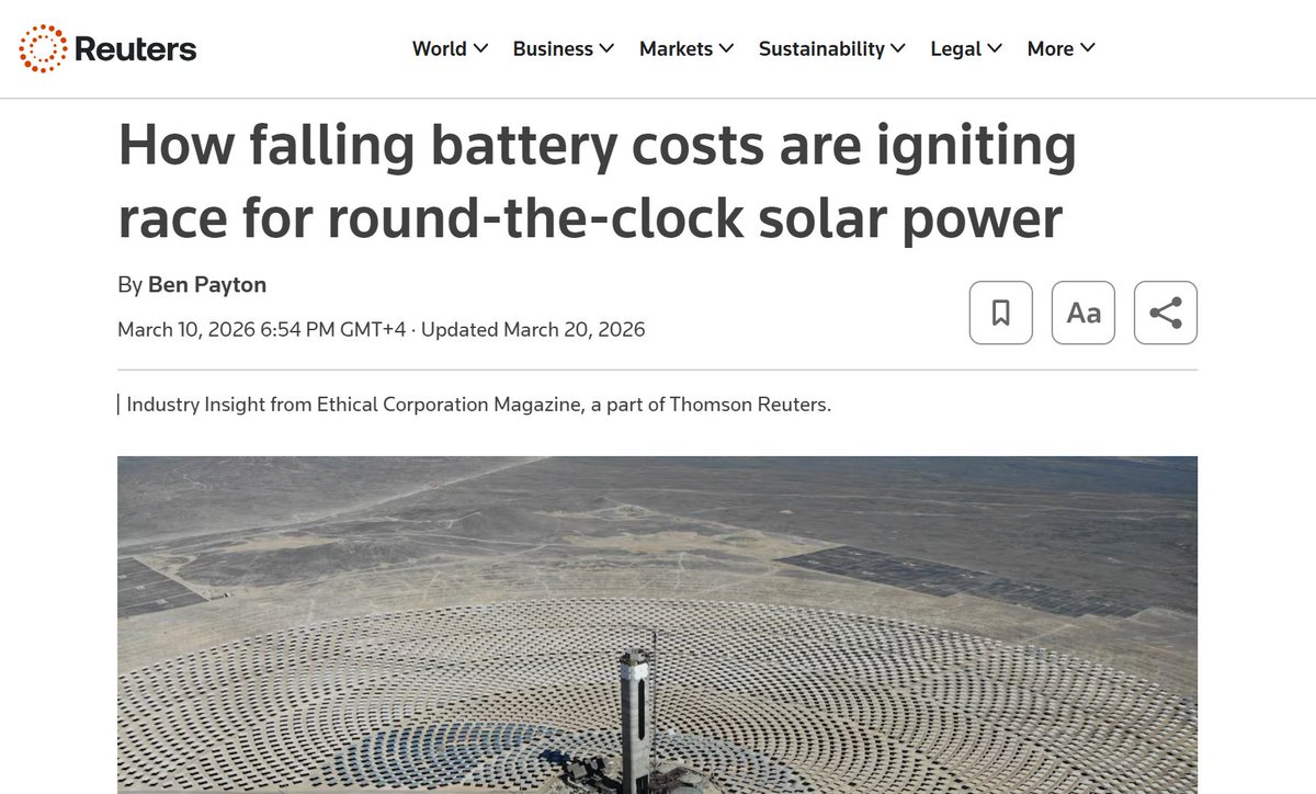 IRENA's tweet photo. 🔋Falling battery costs are enabling round-the-clock solar power.

In this @Reuters story, @IRENA explains how rapidly growing storage is transforming power systems, with around 180 GWh of capacity added in 2024, nearly double 2023👉
https://t.co/6z9RFbvXnC https://t.co/vVVmefMWiS