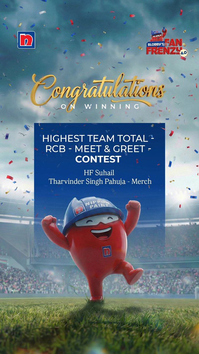NipponIndia's tweet photo. Congratulations to HF Suhail &amp; Tharvinder Singh Pahuja
 on winning the Highest Team Total RCB - Meet and Greet Contest.  #BlobbysFanFrenzy #IPL2026 #NipponPaintIndia https://t.co/PLlelbqjcO