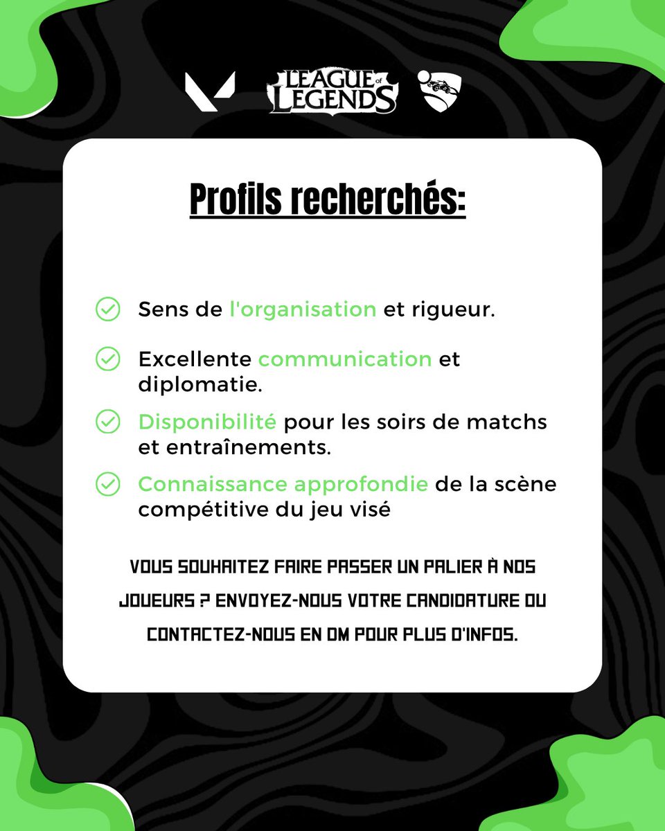 DarkgamesFR's tweet photo. 🚨LF-Manager(s)🚨
Rejoignez l’aventure DarkGames en tant que Manager Esport 💚
​​Nous recherchons des profils motivés pour accompagner nos joueurs sur Valorant, League of Legends et Rocket League.

Envoyez-nous votre candidature ou contactez-nous en DM pour plus d’infos. https://t.co/dzlTVJC3UL