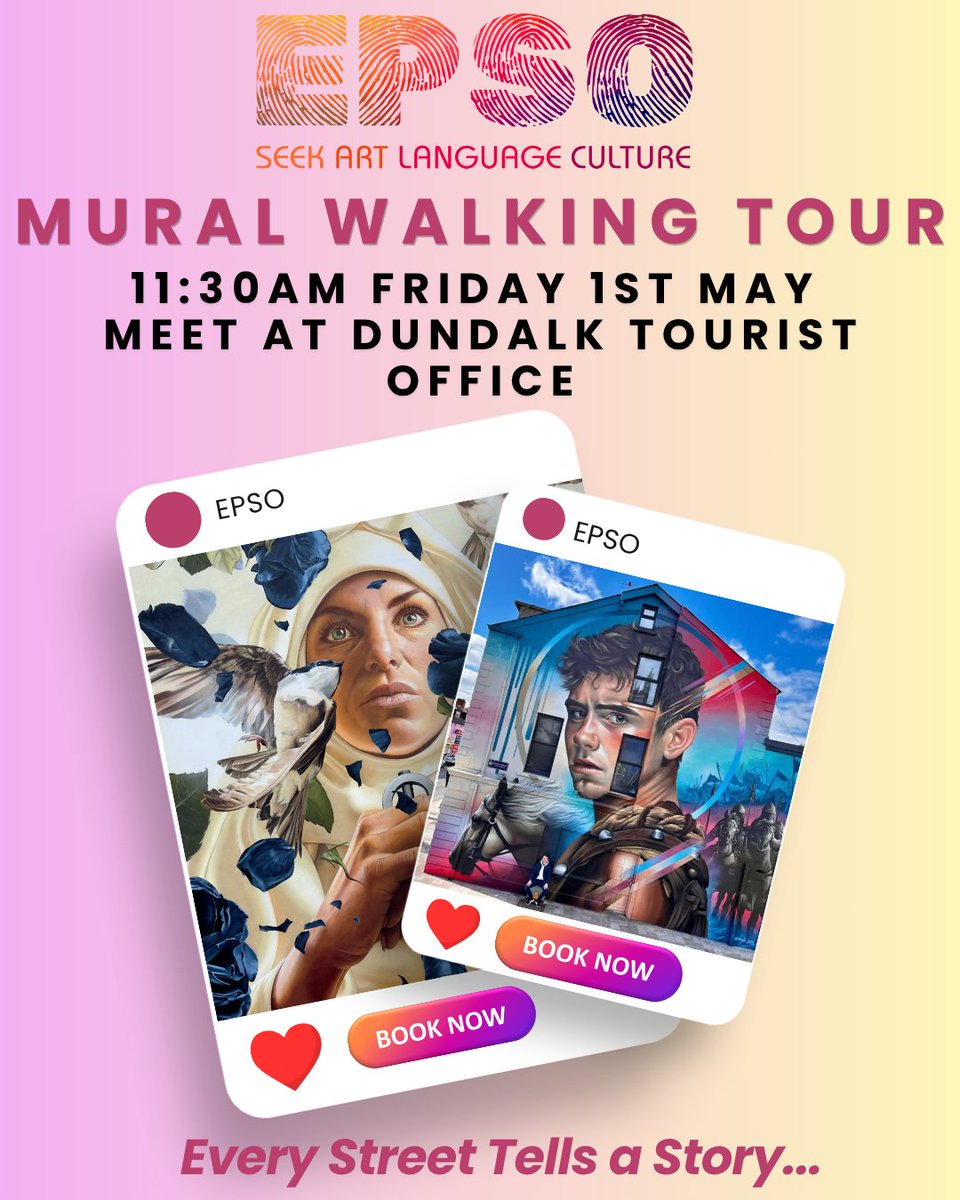 DundalkTourist's tweet image. Join us Fri 1 May for a guided #tour through the heart of town. Whether you’re into #murals, history or local legends, discover the stories behind the art and get a closer look at the artist’s techniques.
🕑11:30
📍#Dundalk Tourist Office
📞042 935 2111
🎟️eventbrite.co.uk/e/epso-walking…