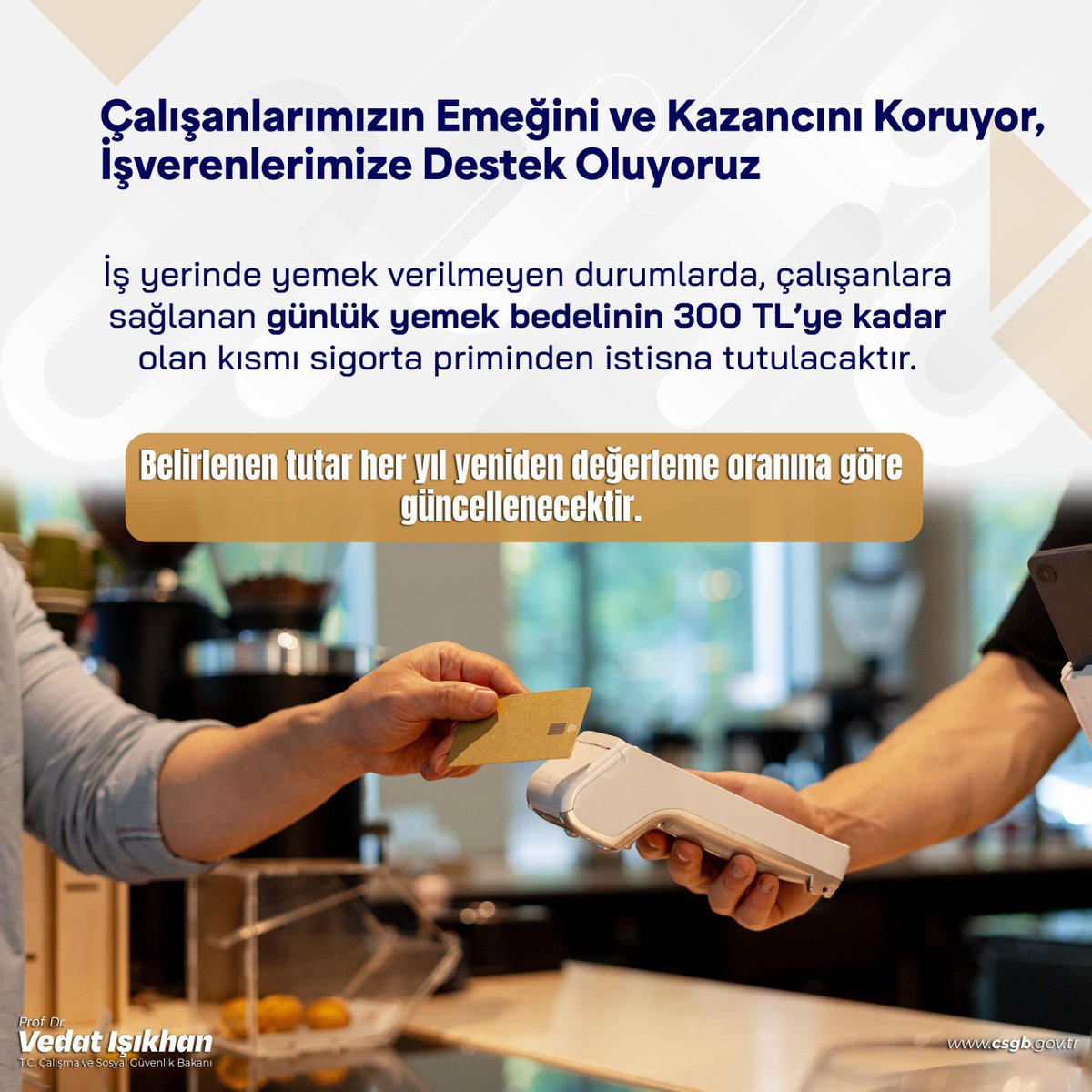 Cumhurbaşkanımız Sayın <a href="/RTErdogan/">Recep Tayyip Erdoğan</a>’ın imzasıyla Resmi Gazete’de yayımlanan kanun ile çalışanlarımızın emeğini ve kazancını koruyan, işverenlerimize destek olan bir uygulamayı hayata geçirdik.✍️ 

Yapılan düzenleme sayesinde;
✅İşyerinde yemek verilmeyen durumlarda, çalışanlara