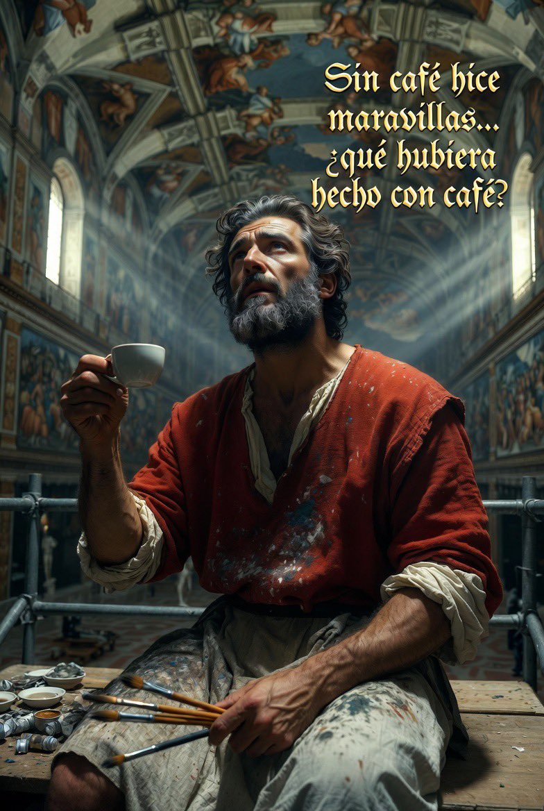 Miguel Ángel Buonarroti (desde el Renacimiento):

¡Maldición! ¿Por qué no nací 100 años después?  
Sin café hice la Capilla Sixtina, el David y la Piedad…  
Imagínate: sin café hice maravillas… ¿qué hubiera hecho con café? ☕✨

#MiguelAngel #Arte #Cafe #Renacimiento