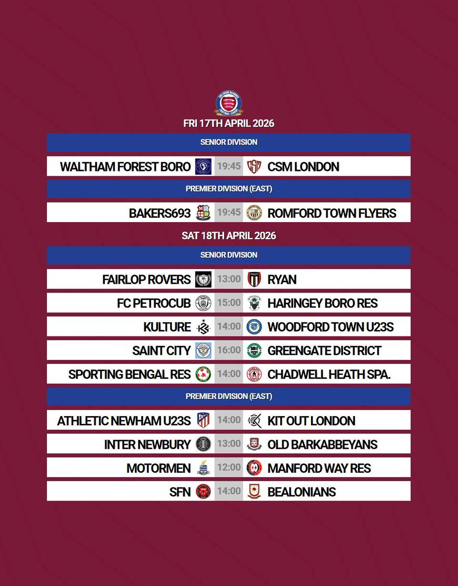 EssexAllianceFL's tweet photo. 𝙒𝙀𝙀𝙆𝙀𝙉𝘿 𝙋𝙍𝙀𝙑𝙄𝙀𝙒 / #Week35

The action continues this weekend with a league fixture list showing 2️⃣5️⃣ matches

Good luck to all of our clubs in action 💪

#EAL https://t.co/Shaeh8m1wu