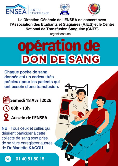 the_ACEProject's tweet image. Happening tomorrow! 🩸 @EnseaO calls on students, faculty &amp;amp; staff to support its blood donation drive on 18 April 2026.
Every donation counts—be part of this life-saving act of solidarity.
#BloodDonation #ACEImpact #CentreOfExcellence
