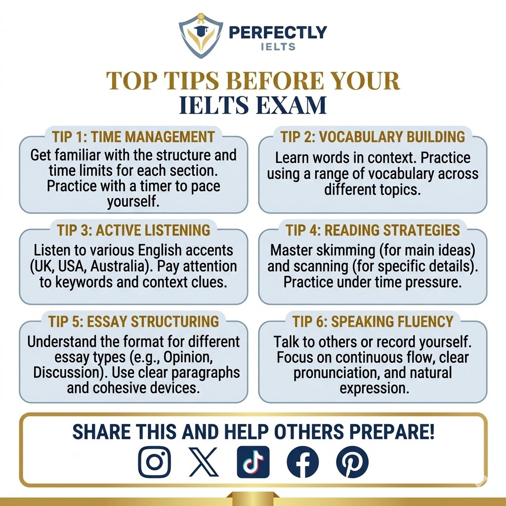 perfectly_ielts's tweet image. Don't walk into your IELTS exam unprepared! ❌ Here are 6 quick tips to boost your confidence and your score. 📈

Save this for your next study session! 🧵👇

#IELTS #StudyTips #EnglishExam #TestPrep