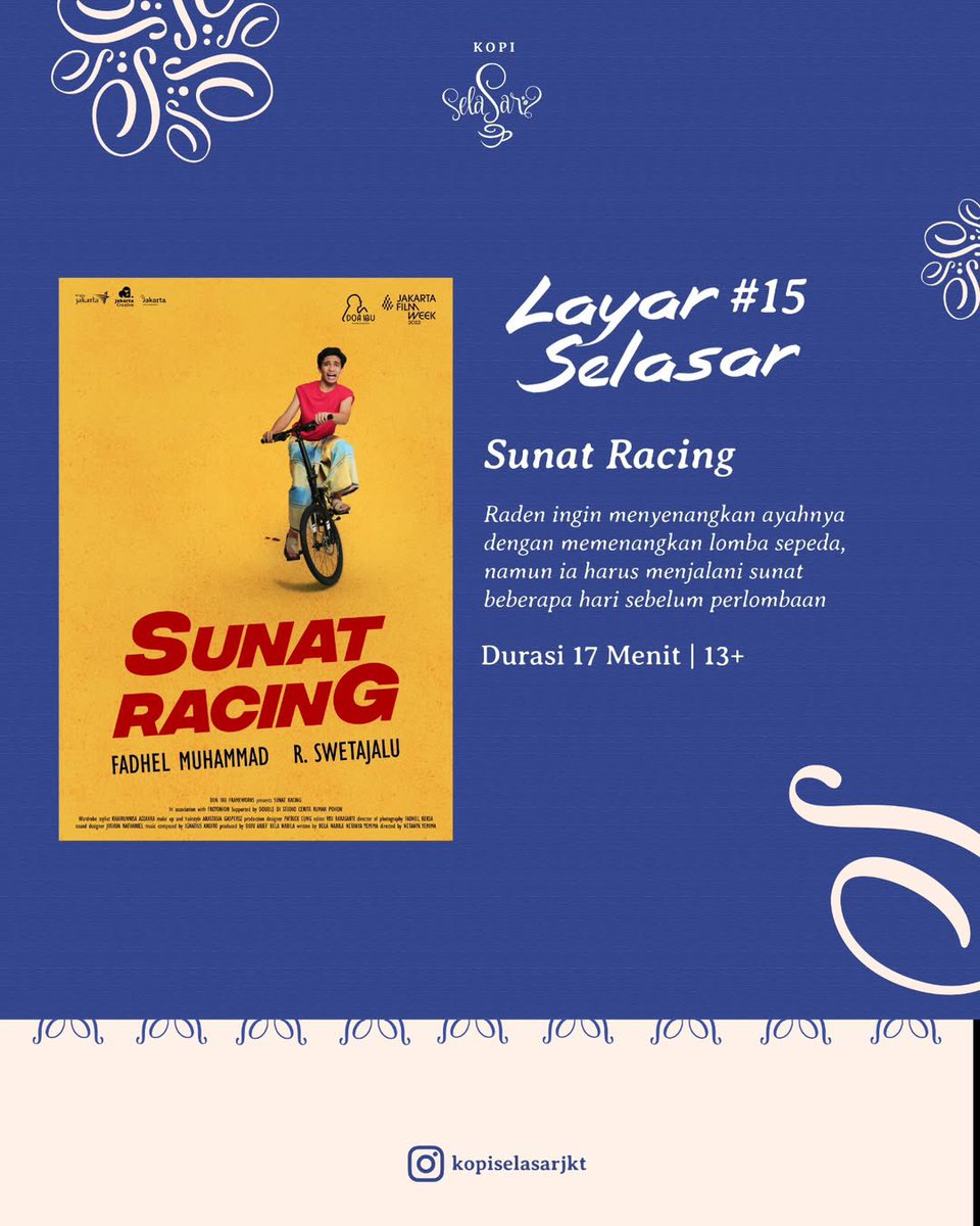 FilmIndoSource's tweet photo. Kopi Selasar will screen 2 short films directed by Netanya Yemima as part of their Layar Selasar program, featuring 2 exciting titles that guarantee you a good time.

• ‘IKAN TERGANTENG SEDUNIA’
• ‘SUNAT RACING’ https://t.co/4CB3pHDS78