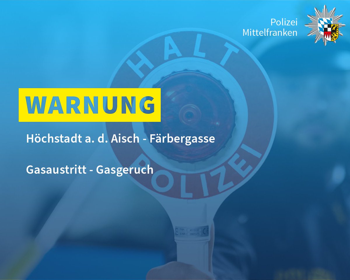PolizeiMFR's tweet image. In der Färbergasse in der Innenstadt von #Höchstadt a. d. Aisch kommt es aktuell vermutlich zu einem #Gasaustritt.

Meidet bitte den Bereich. Der Austrittsort in der Färbergasse/Gerbergasse wird abgesperrt.

Einsatzkräfte der #Feuerwehr und der #Polizei sind vor Ort. #Hö1704