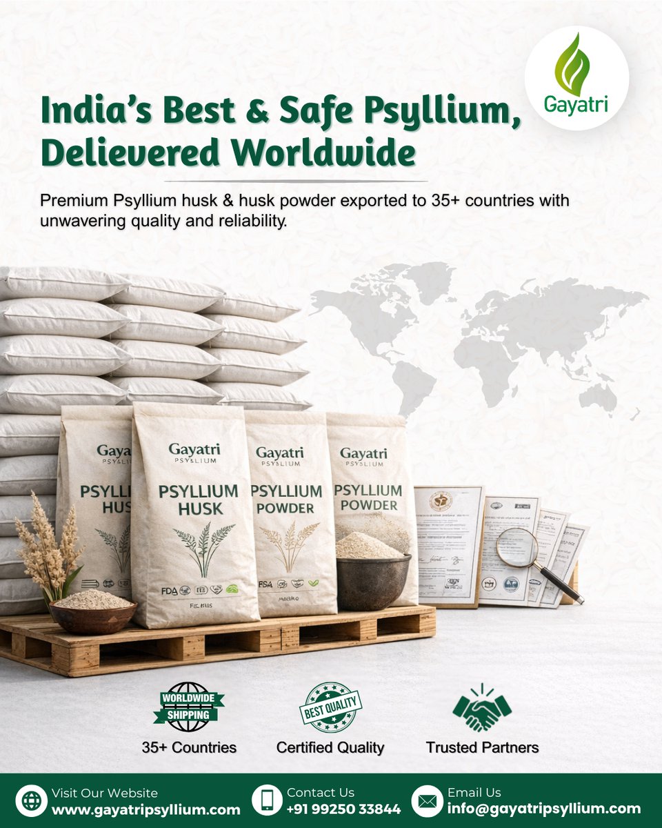 gayatripsyllium's tweet image. Looking for reliable #psylliumexporters from India?
At #GayatriPsyllium, we delivers consistency, certification &amp;amp; confidence in every shipment.

🌐gayatripsyllium.com

#PsylliumHusk #PsylliumHuskPowder #HealthIngredients #PharmaSuppliers #BulkSupplier #WorldwideExport #Export