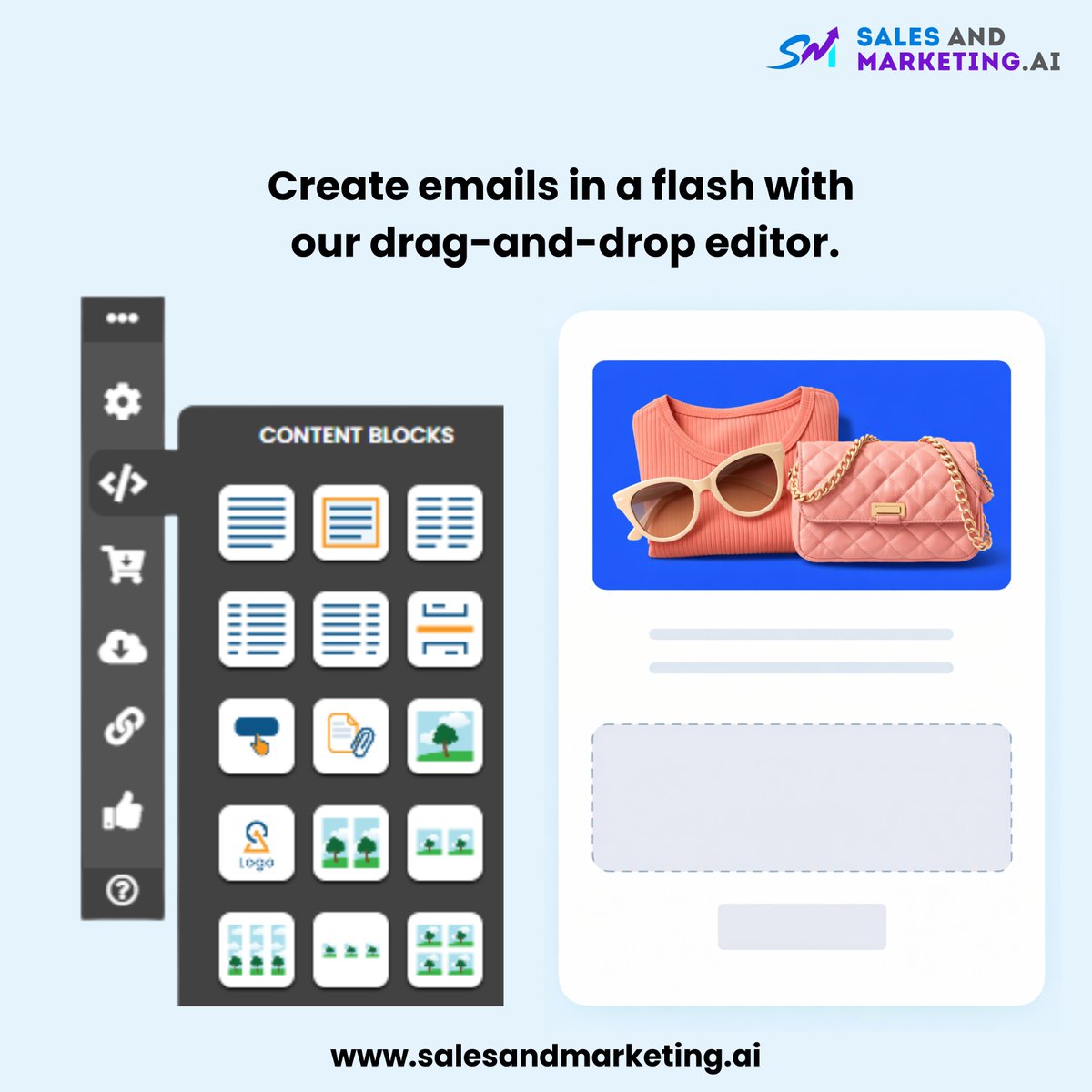sam_ai_inc's tweet image. Create emails in minutes with our easy drag-and-drop editor.
No complexity—just results.

salesandmarketing.ai

#EmailMarketing #DragAndDrop #MarketingTools #DigitalMarketing #NoCode #SaaS #SmallBusiness #MarketingStrategy #ContentCreation #BusinessGrowth #EntrepreneurLife