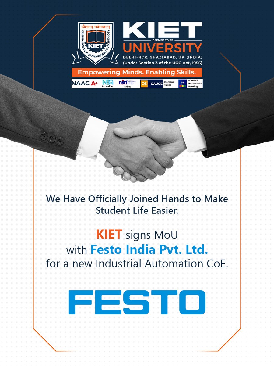 Kiet_edu's tweet image. 𝗠𝗼𝗨 𝗦𝗶𝗴𝗻𝗲𝗱 🤝
KIET Deemed to be University partners with Festo India Pvt. Ltd. to establish a Centre of Excellence in Industrial Automation.A step towards hands-on learning &amp;amp; industry-ready skills. 🚀
#KIET #MoU #IndustrialAutomation #FutureReady
