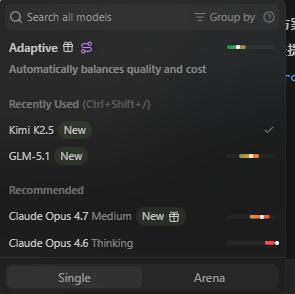 Windsurf model selector showing Adaptive mode with Kimi K2.5, GLM-5.1, Claude Opus 4.7, and Claude Opus 4.6 options