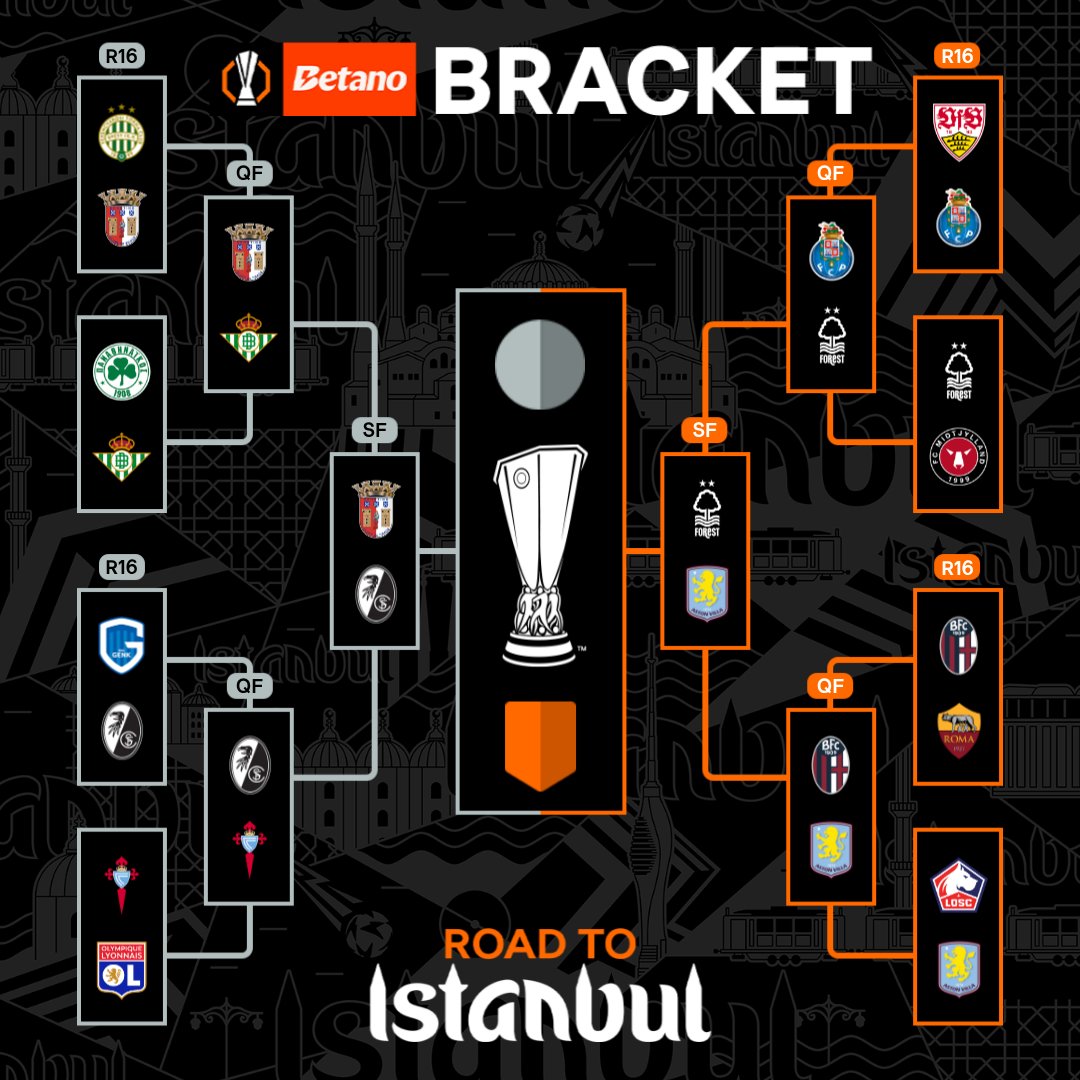 Betano_Ghana's tweet photo. The margins get thinner and the moments get louder the UEFA Europa League. All roads now lead to Istanbul.
#UELBracket https://t.co/JmehHVV3pv