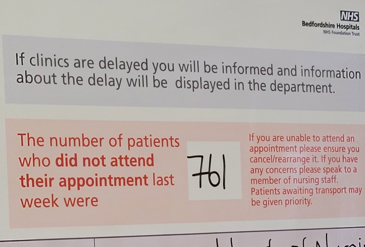 high__light09's tweet photo. @wesstreeting You need to start charging people for missed appointments. The figure below works out at £121,760 per week and over 6.2 million per year just at this Hospitals department. I took this photo at the Luton &amp; Dunstable Hospital yesterday. https://t.co/OITOfdcayF