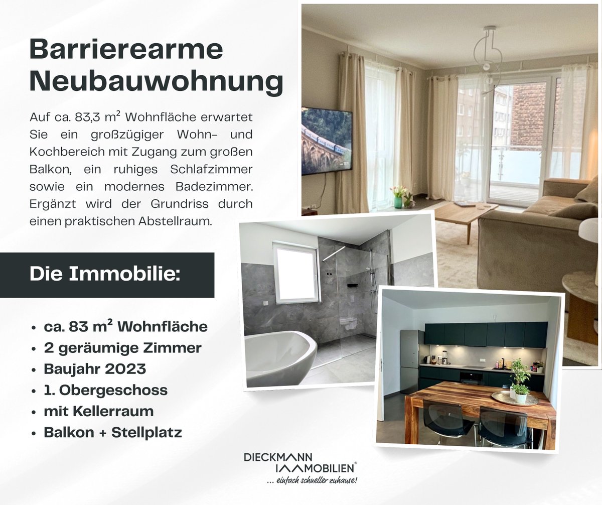dieckmann_immo's tweet photo. #Neubauwohnung in #Duisburg #Wanheimerort

- ca. 83 m² 
- 2 Zimmer
- Baujahr 2023
- barrierefrei mit Aufzug
- sonniger Balkon
- Kellerraum + Trockenraum
- Stellplatz

💸 Kaltmiete: 1.100,- €

https://t.co/55T4XCSRB6

📲 (0) 20 3 - 48 29 83 6
📩 immo@dieckmann-immobilien.de https://t.co/Ugvx8gvv5Z