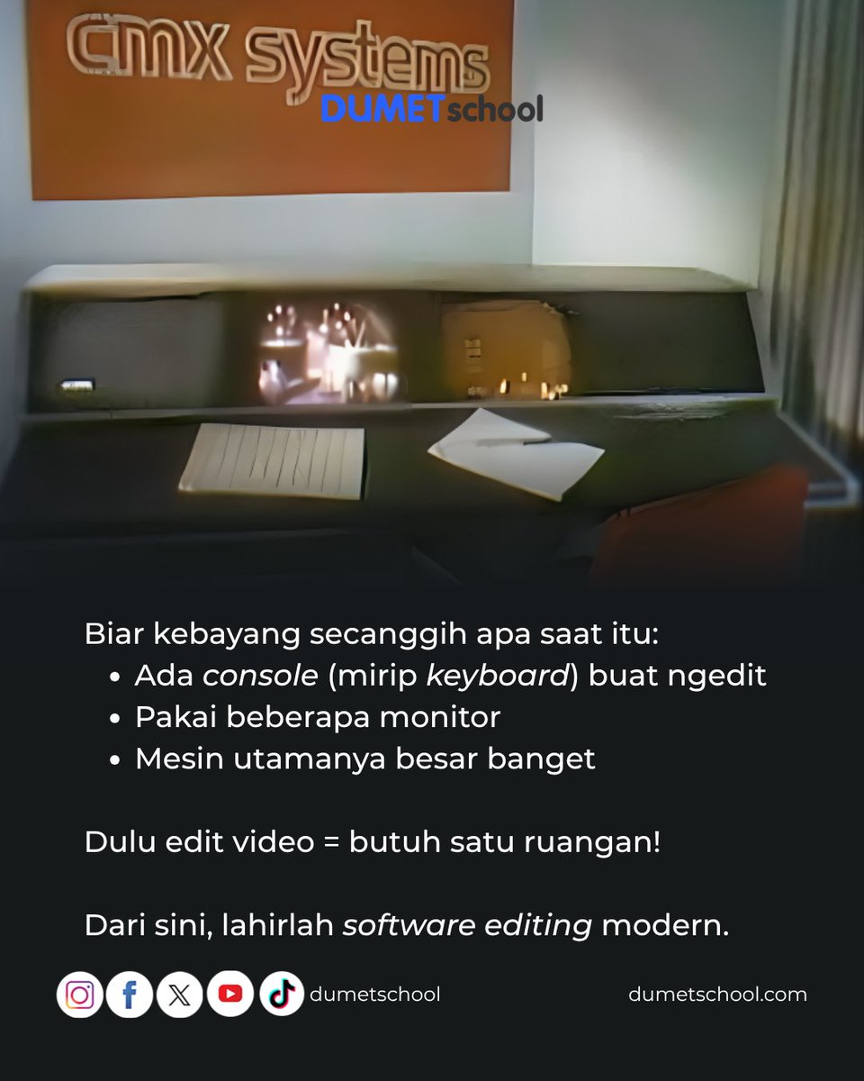 dumetschool's tweet image. Ini dia cikal bakal software edit video di dunia! 😍

Waktu dulu, buat edit video aja butuh 1 ruangan besar soalnya alat edit videonya gede dan banyak banget!

Kalo sekarang, kalian edit video biasanya kayak gimana dan pake apa?

#funfact #alateditvideo #editvideo #videoediting