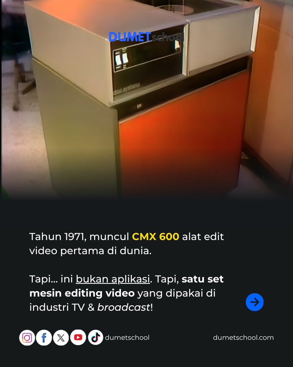 dumetschool's tweet image. Ini dia cikal bakal software edit video di dunia! 😍

Waktu dulu, buat edit video aja butuh 1 ruangan besar soalnya alat edit videonya gede dan banyak banget!

Kalo sekarang, kalian edit video biasanya kayak gimana dan pake apa?

#funfact #alateditvideo #editvideo #videoediting