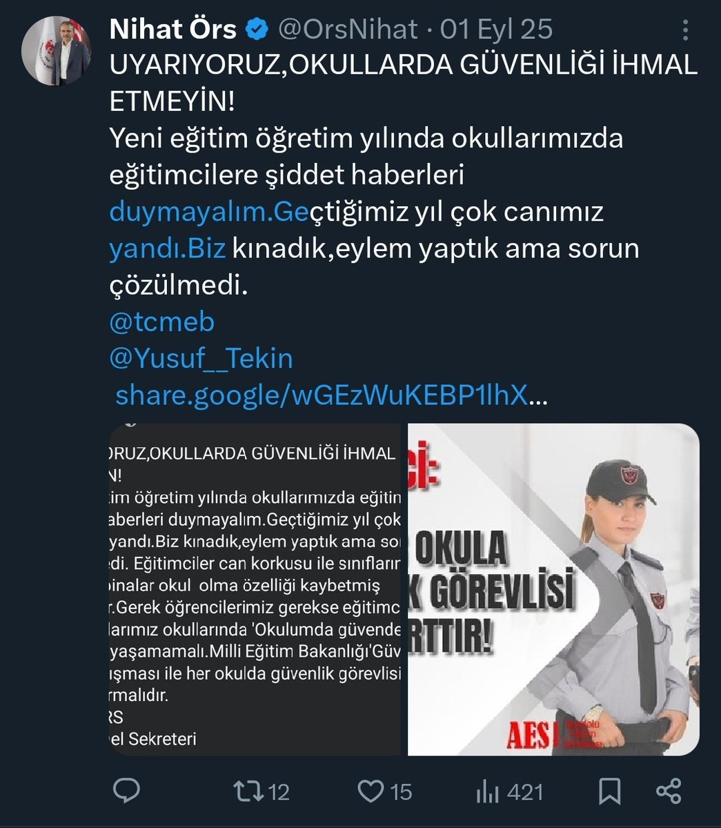 OrsNihat's tweet photo. MİLLİ EĞİTİM BAKANI SORULARIMIZA CEVAP VEREBİLECEK Mİ?
ÖĞRETMENE SÜRGÜN, ÖĞRETMENE ŞİDDET ;BAKANA SÛKÛNET
Okullar açılırken güvenlik en önemli sorun deriz, görmezsiniz.Torpili okula sokarsınız,öğretmeni sürgün edersiniz.Benim tasarrufum dersiniz.Öğrencinin bir şikayetiyle öğretmene müfettiş gönderirsiniz. Öğrencinin 'Öğretmenimiz bize vatan haini dedi.' sözüne itibar edip "Okulda görevlerinizi yapmazsanız vatan hainlerini sevindirirsiniz." diyen öğretmeni sürgün edersiniz. Siz öğretmeni öğrenciye en ufak bir uyarı yapamaz haline getiren sistemi inşa https://t.co/XGLstoWhRF sisteme karşı  ne şiddete karşı yaptığımız uyarıları dikkate aldınız.Kendiniz çaldınız kendiniz söylediniz. Şimdi de okuldaki vahşet üst üste gelince kendi bakanlığınızda olan olayla ilgili açıklamayı başka bir bakana yaptırıyorsun ve sorumluluktan kaçıyorsunuz. @tcmeb @Yusuf__Tekin
#okuldaşiddet
Şimdi size soruyoruz: