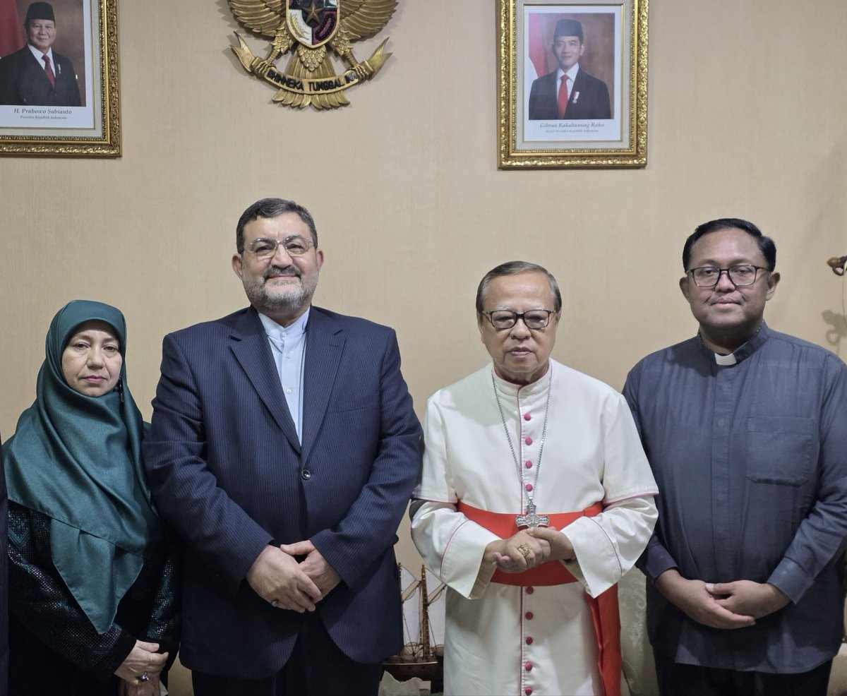 IraninIndonesia's tweet photo. On April 17, 2026, His Excellency Mohammad Boroujerdi, Ambassador of the Islamic Republic of Iran to Indonesia, met and held talks with His Eminence Cardinal Ignatius Suharyo.

During the meeting, the Iranian Ambassador presented a report on the latest developments in Iran and the region following the attacks and aggression by the Zionist regime of Israel and the United States. He emphasized that these actions are in violation of all international norms, humanitarian principles, universal human values, and the teachings of all divine religions.

He also stressed that the enemies have targeted the values and sanctities of all religions, citing as a clear example the insult to the esteemed position of Pope Leo XIV.

In the continuation of the meeting, His Eminence Cardinal Ignatius Suharyo affirmed that the positions of all Catholic Churches are aligned and united with that of Pope Leo XIV, rejecting all forms of war and supporting peace across the world.

Cardinal Suharyo also offered prayers for the establishment of peace, stability, and improved welfare for people in the region and globally, especially for the people of Iran.