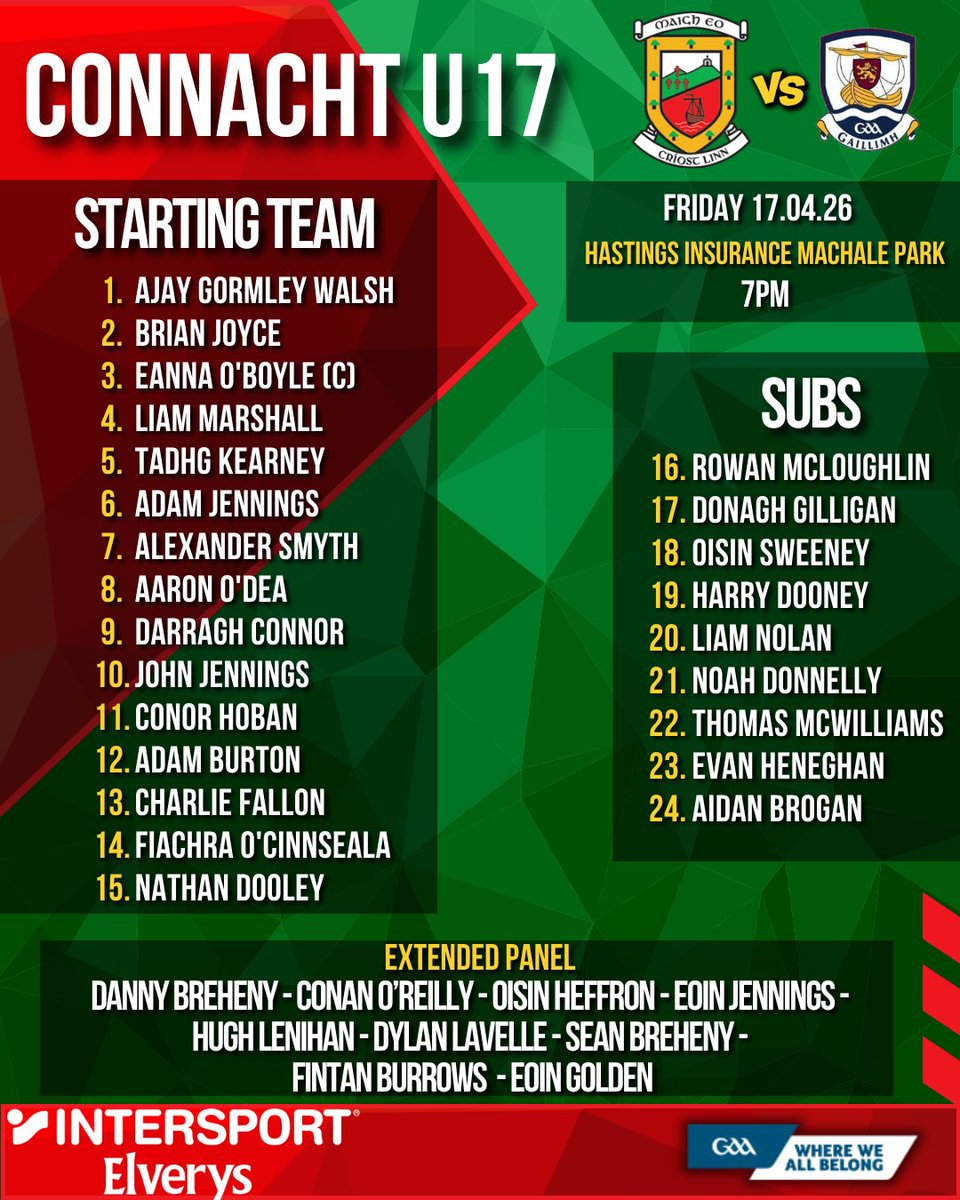 🔴🟢 Mayo Team Announcement 🟢🔴

Here is the Mayo U17 squad to play Galway at 7pm this evening. The game will be streamed live by <a href="/ConnachtGAA/">Connacht GAA</a>.

🎟️ universe.com/users/connacht…

 📺page.inplayer.com/connachtgaa/fu…

#mayogaa #gaa